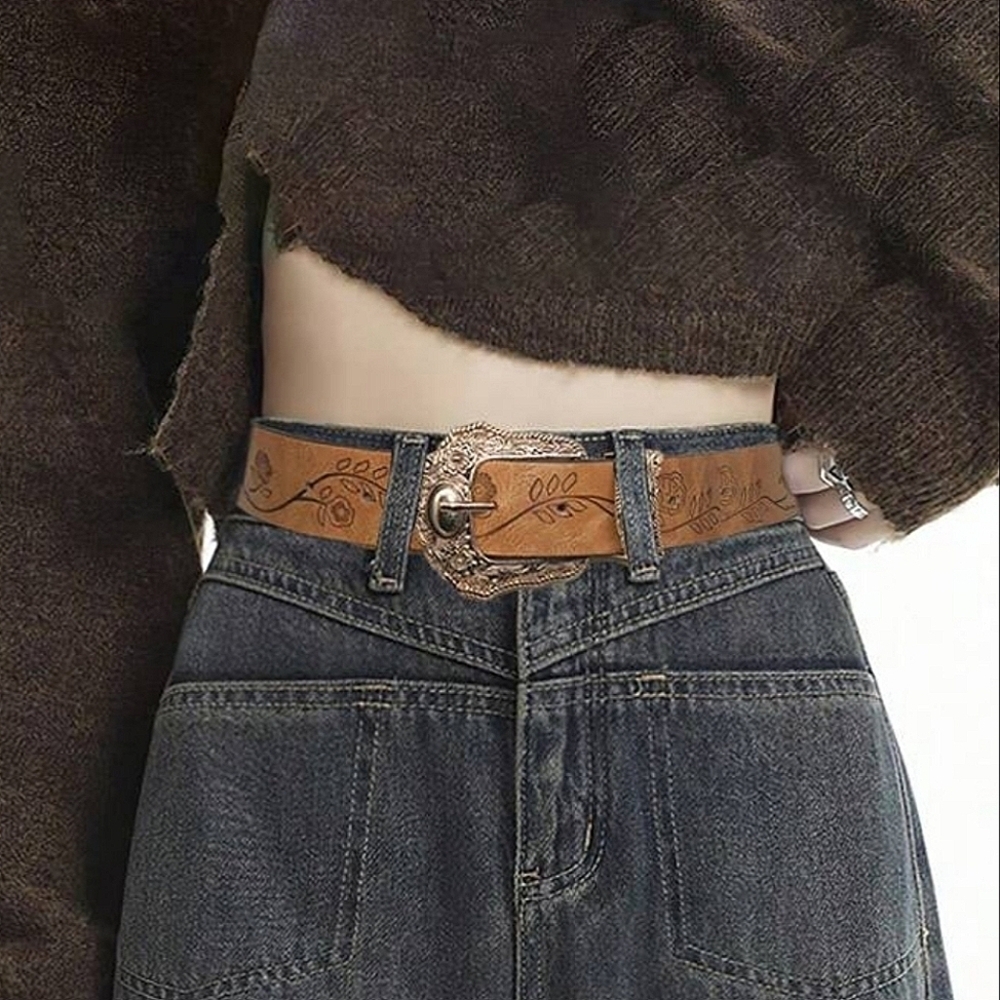 Classical Beige Hip Hop Belt With Metal Buckle And Floral Print🌴